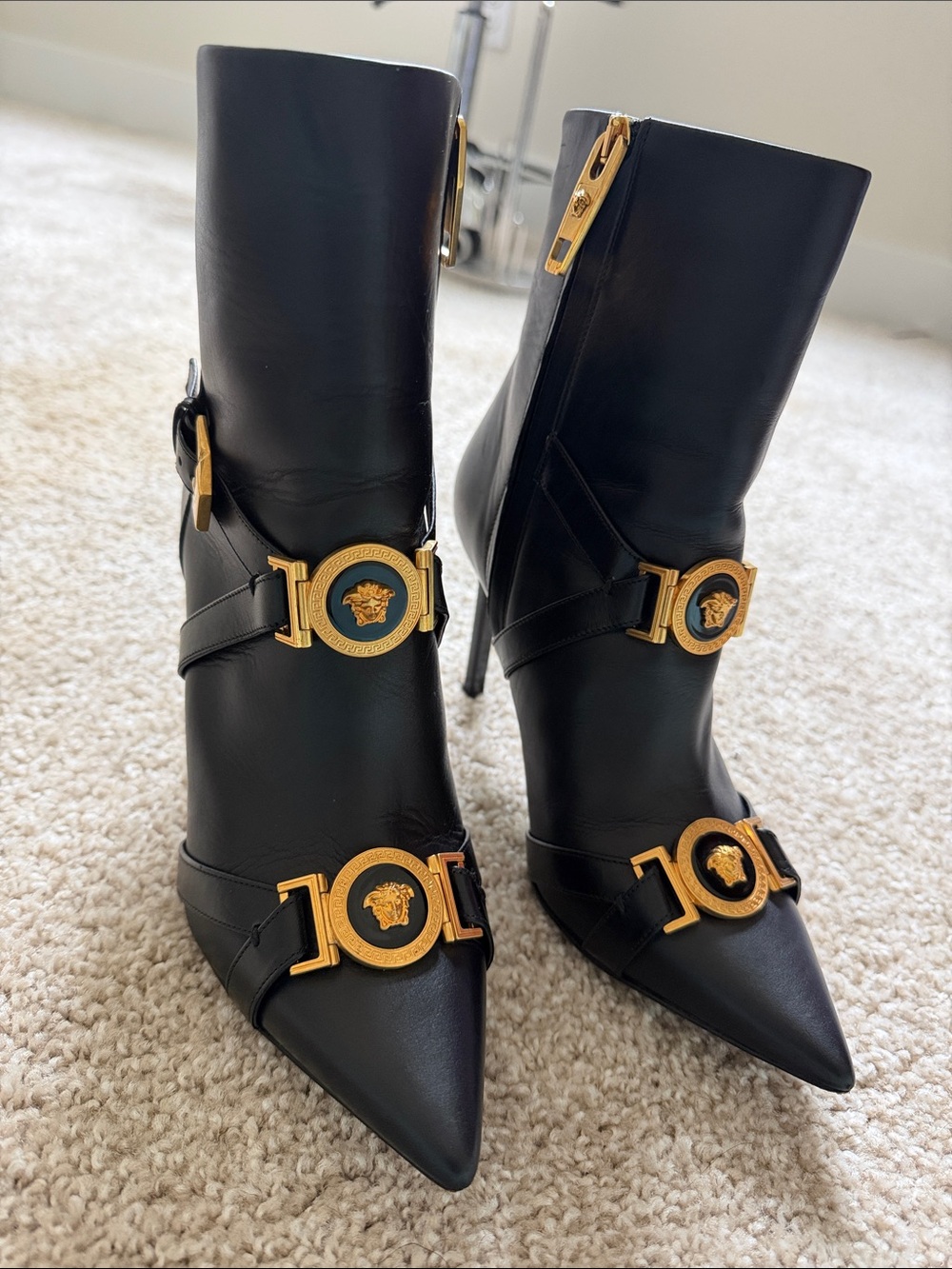Versace Black Leather Pointed Toe Ankle Boots with Gold Medusa Hardware